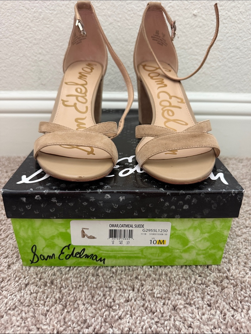 Sam Edelman Oatmeal Suede Strappy Ankle-Heel Sandals
